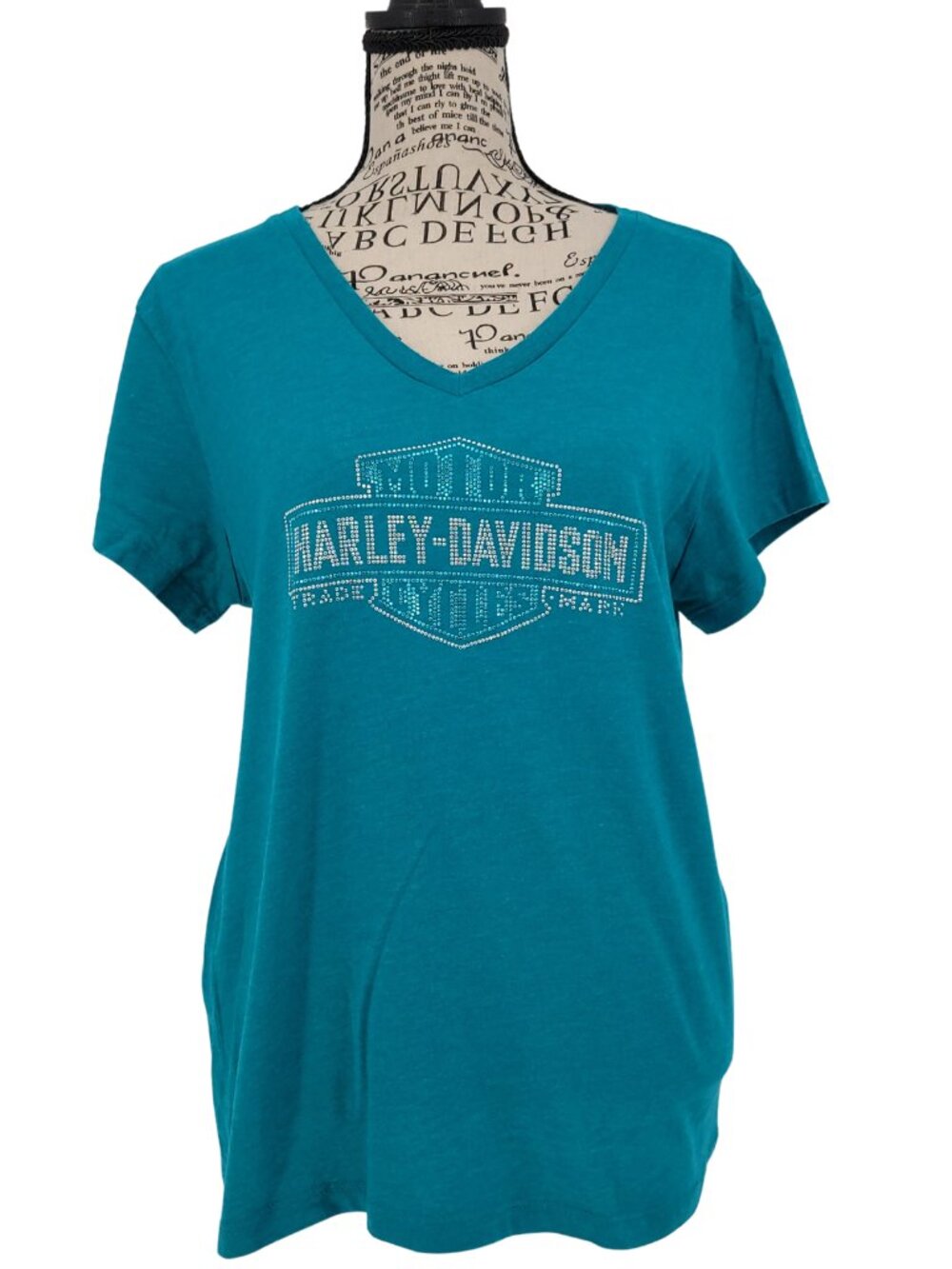 Harley Davidson Women’s Turquoise Teal Bling Wing Graphic V Neck Biker Tee L
